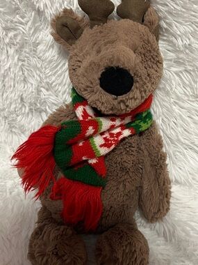 Jellycat Brown Reindeer with Red & Green Holiday Scarf